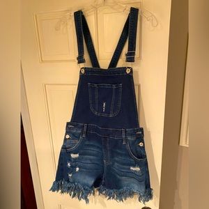 Denim overalls. Shorts. Sized medium.